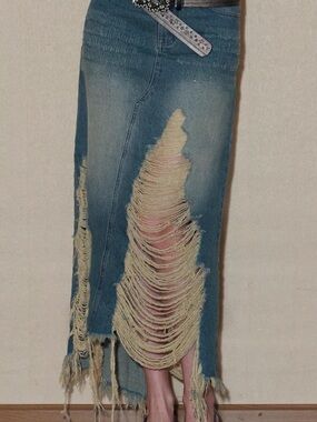Distressed Denim Maxi Skirt in Light Blue